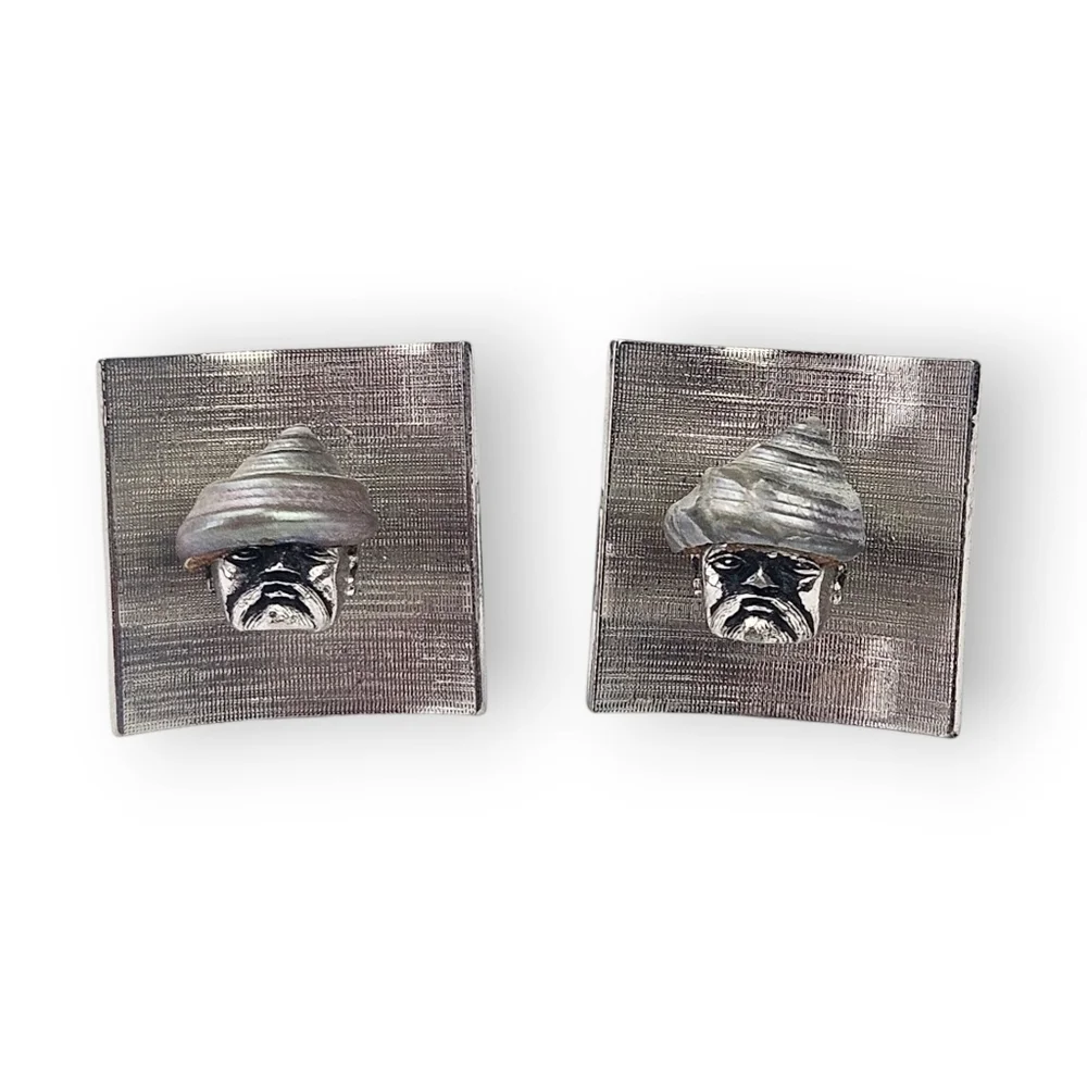 Swank Arts Of The World Cufflinks Venice Man Shell Hat Rhodium Plated Vtg 1961